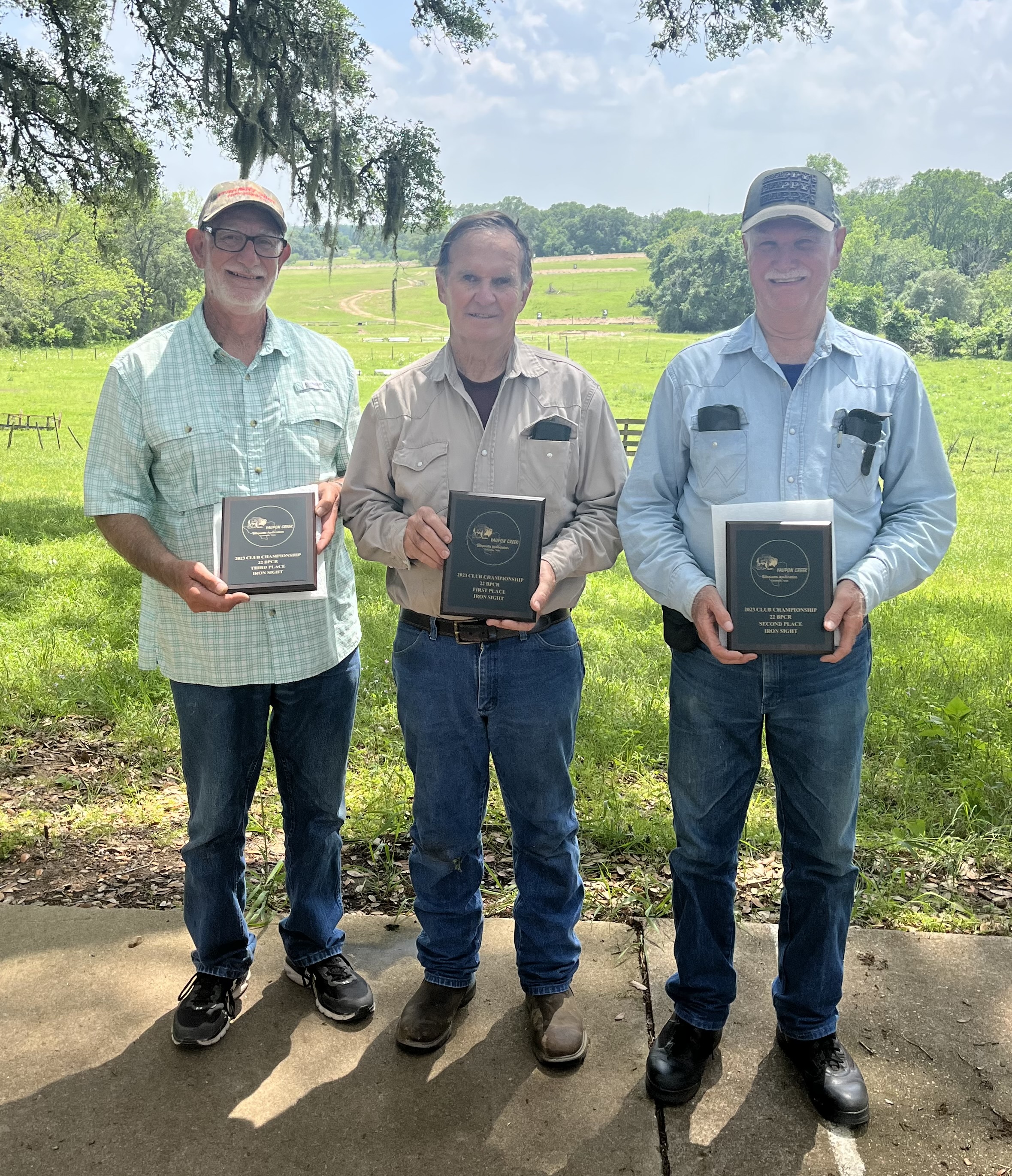 Center: Charlie Schroeder took 1st place in the Iron Sight class with a 41. Right: LeRoy Tanner took 2nd with a 37. Left: Ed Story took the 3rd place award with a 36. Congratulations to our Iron Sight Class winners.